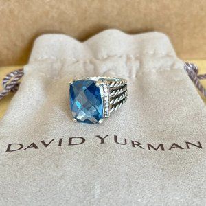 David Yurman Wheaton Ring with Blue Topaz Stone and Diamonds 16x12mm Size 8